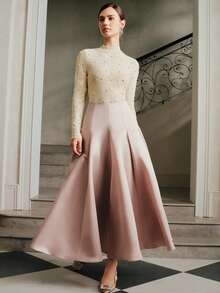 Anewsta Women's Autumn/Winter New Mesh Long Sleeve Pearl Rhinestone Sexy Base Layer Top, Elegant T-Shirt - Apricot - View 4