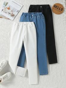 SHEIN 3 件套 TWEEN GIRLS 牛仔裤，高弹柔软牛仔面料，3 种颜色，腰部纽扣细节，休闲基本款，百搭版型，适合秋冬季，新款高价值牛仔裤套装 - 彩色 - 查看 1