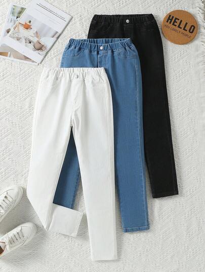 SHEIN 3 件套 TWEEN GIRLS 牛仔裤，高弹柔软牛仔面料，3 种颜色，腰部纽扣细节，休闲基本款，百搭版型，适合秋冬季，新款高价值牛仔裤套装