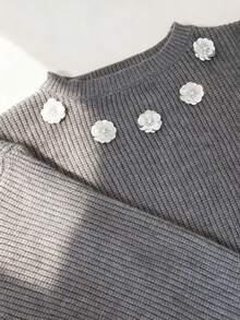 Lyxana Women's Elegant Ruffle Hem Beaded Floral Embellished Fitted Knit Sweater, Autumn/Winter - Grey - View 4