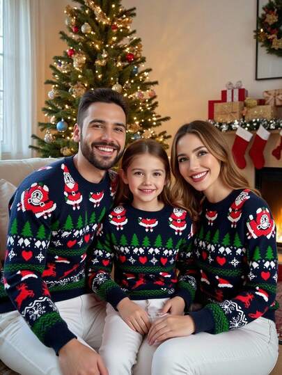 Manfinity Homme Men's Christmas Pattern Crew Neck Long Sleeve Pullover Sweater, Autumn/Winter For Christmas Family