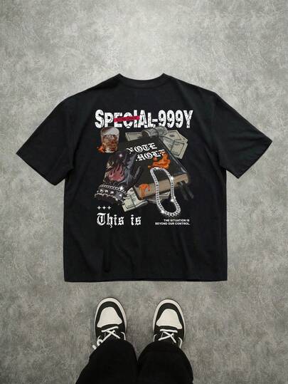 Manfinity ZONE917 Oversized Street Rock Cross Necklace Graphic Black Cotton Knit Short Sleeve T-Shirt (Wide Sleeves, Collar, Hem)