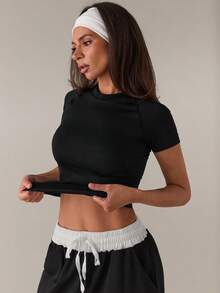 SHEIN BAE Casual Solid Color Seamless Short Sleeve Sport T-Shirt Compression Shirt Fitted Shirt Gym Women Shirts - Black - View 6
