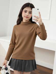 Áo thun dài tay cổ bẻ thanh lịch đa năng dành cho bé gái tiền dậy thì, phù hợp mặc đi học, đi du lịch và đi chơi vào mùa thu đông - màu nâu - Xem 9