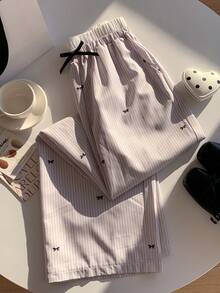 Comfortcana 女士蝴蝶结装饰条纹阔腿宽松休闲裤 - 粉色 - 查看 6