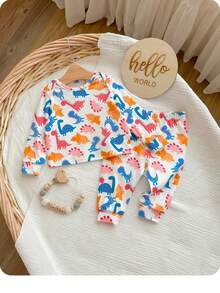 SHEIN 新生女婴休闲可爱卡通图案针织长袖睡衣套装 - 彩色 - 查看 4