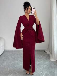 SHEIN Elenzya Đầm dài dự tiệc thanh lịch, vải sequin dệt kim họa tiết mới dành cho nữ, thiết kế xoắn, trẻ trung và duyên dáng, mùa thu/đông - Màu Đỏ Sâu - Xem 6
