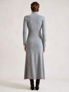 SHEIN Stylify 秋冬高领修身紧身中长连衣裙，优雅设计，长袖，针织长裙，适合高个子女性 - 淺灰色 - 查看 2
