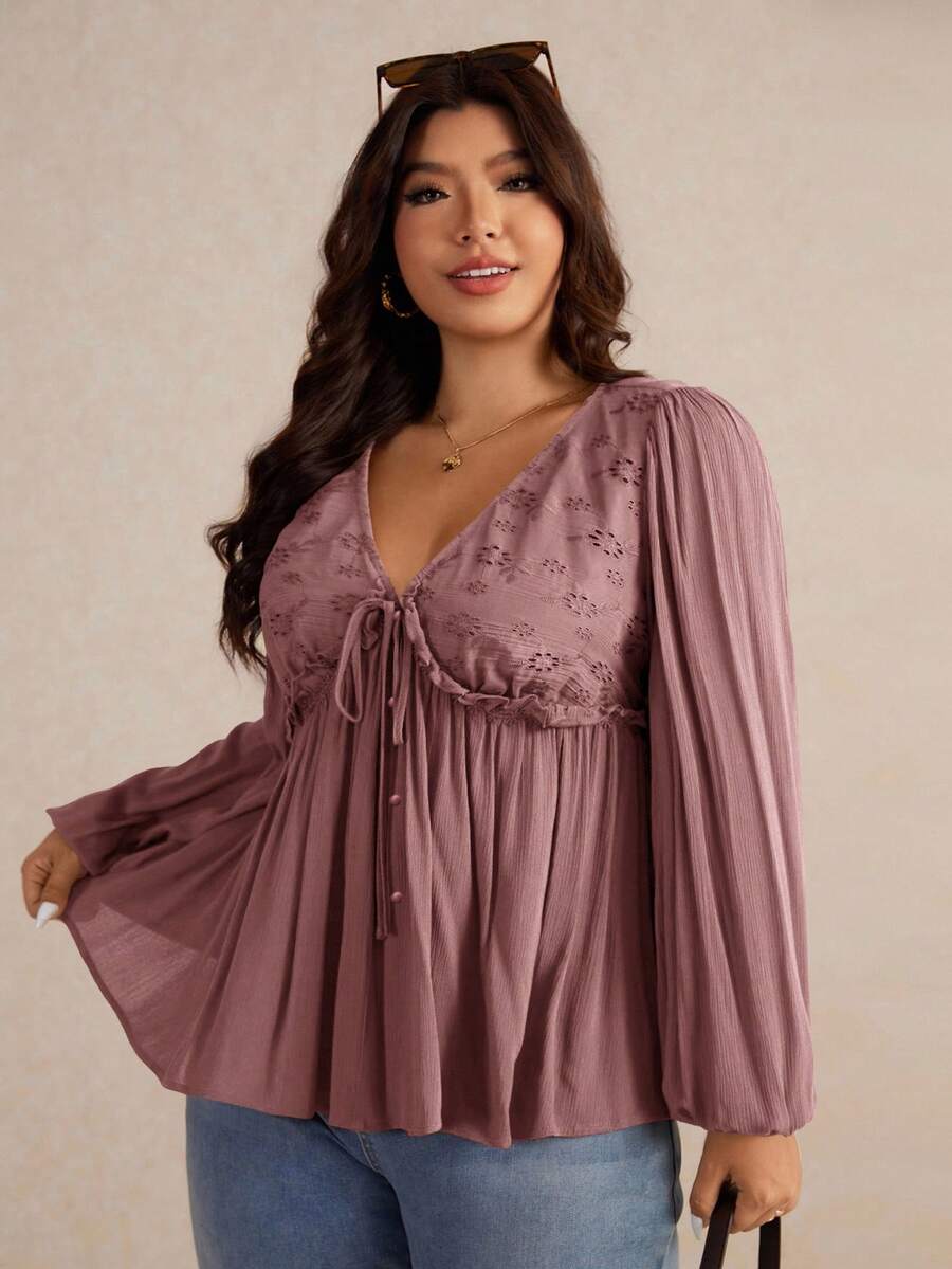 Elaquor Áo cánh tay đèn lồng xếp ly thêu khoét rỗng phía trước thời trang cho nữ cỡ lớn - Hồng - Xem 1