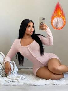 SHEIN SXY Women's U-Neck Front Button Khaki Bodysuit With Long Sleeves,Fall ,Winter, - Khaki - View 5