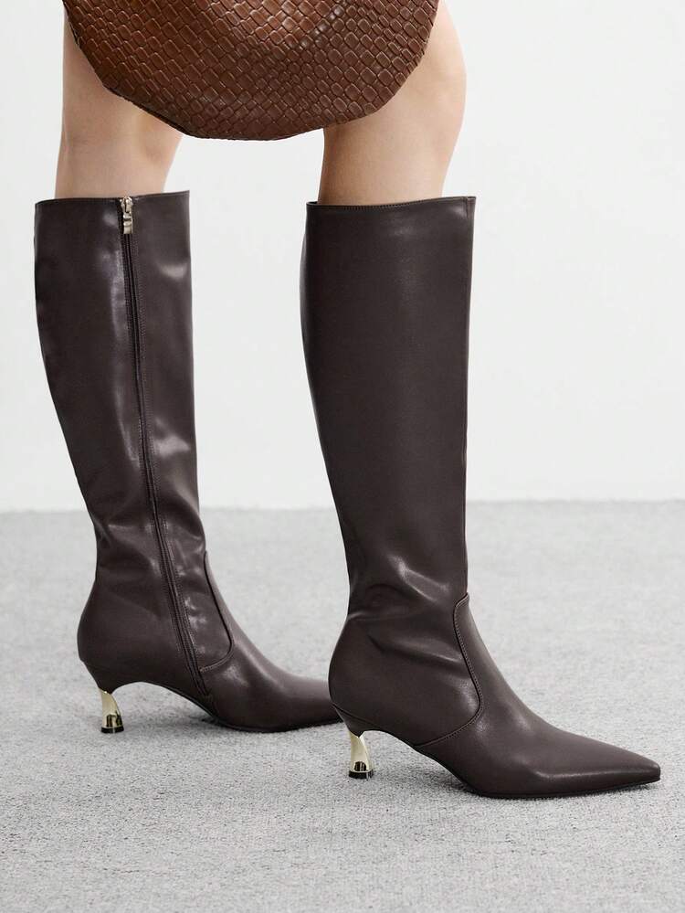 CUCCOO BIZCHIC Women's Fashion Pointed Toe Coffee Color Minimalist Elegant Versatile Commuting Side Zipper Thin Heel Tall Boots, Over-The-Knee Boots