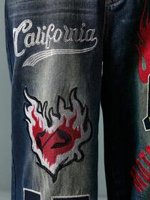 ROMWE MEN Grunge Punk Jeans rectos y sueltos con bordados y bolsillos para hombre, moda urbana - Azul - Ver 2