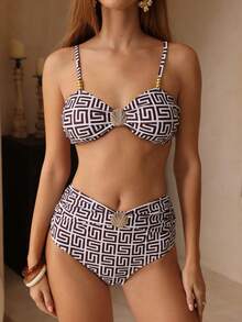 Swim Chiccia 女款夏季度假優雅休閒海灘印花可調式肩帶兩件式比基尼泳衣套裝，附金屬貝殼裝飾 - 彩色 - 查看 5