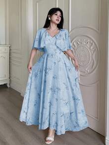 Modelyn 女式 V 领斗篷设计束腰飘逸花卉印花雪纺连衣裙 - 藍色 - 查看 4