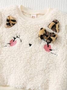 Cozy Pixies 女婴豹纹蝴蝶结猫咪刺绣毛绒圆领长袖套头卫衣 女婴冬季服装 女婴 - 杏色 - 查看 3