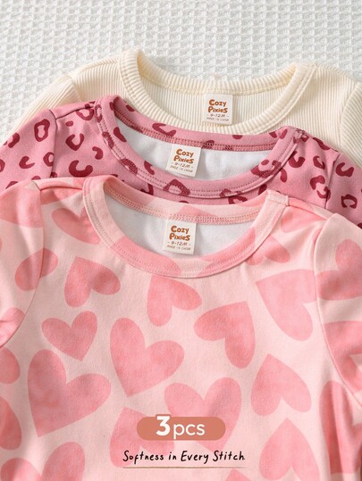 Cozy Pixies Conjunto de 3 piezas de ropa para bebé niña con suéter de cuello redondo de manga larga con estampado de leopardo, corazón y rayas en punto suave