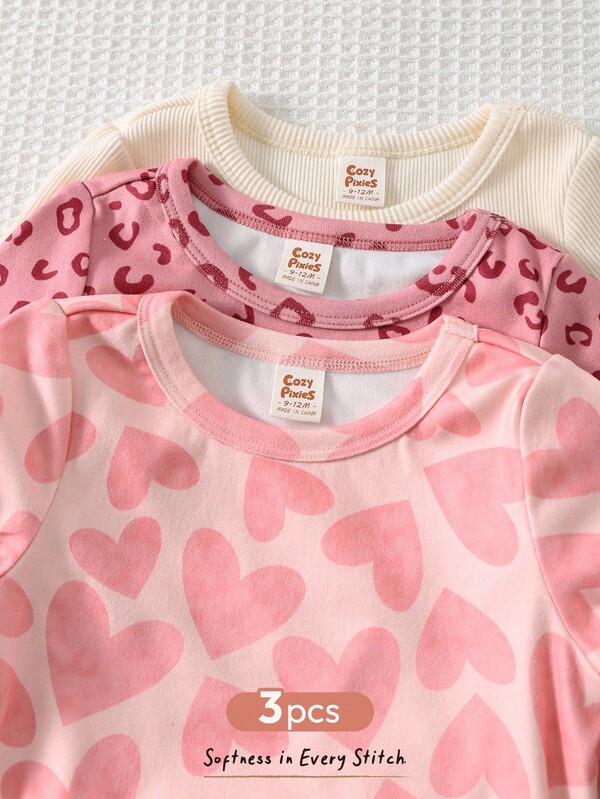 Cozy Pixies Conjunto de 3 piezas de ropa para bebé niña con suéter de cuello redondo de manga larga con estampado de leopardo, corazón y rayas en punto suave