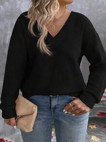 EMERY ROSE 大码女式 V 领多层霓虹色长袖 T 恤，秋冬 - 黑色 - 查看 4