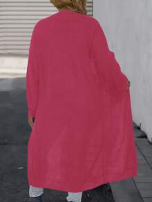 SHEIN LUNE 大码女式纯色落肩长袖休闲长款针织开衫，秋冬 - 玫紅色 - 查看 2