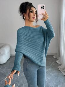 Elenzga 女士秋冬 Anneusta 上衣，节日/庆典，独立日红色，音乐会，复古斯德哥尔摩街头风格，教师/办公室穿着，精致优雅的不对称领口长袖撞色袖口，特殊针织工艺，简约百搭针织毛衣 - 綠色 - 查看 6