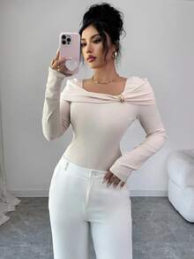 Elenzga Femmes Élégant Abricot Épaule Oblique Tricot Manches Longues Ajusté Mode T-Shirt, Convient pour l'automne, l'hiver, Thanksgiving, Soirée Élégante, Noël, Nouvel An - Nude - Voir 3