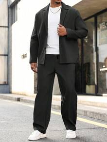 Manfinity Homme Conjunto de chaqueta y pantalones de talla grande para hombre, de unicolor, con cuello de solapa y manga larga, traje casual de otoño