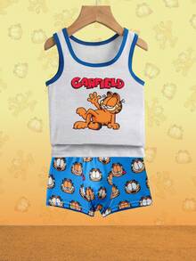 GARFIELD | SHEIN Áo ba lỗ in hình mèo hoạt hình dễ thương cho bé trai thoải mái và quần đùi, mùa hè - Màu xanh hải quân - Xem 1