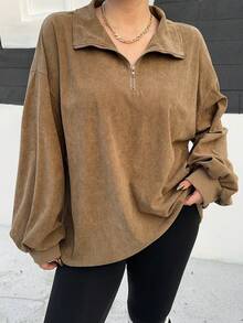 Dazy Plus Áo nỉ nữ cỡ lớn dáng rộng, khóa kéo nửa thân, dây rút, màu trơn, kiểu dáng đường phố. - Màu Khaki - Xem 7