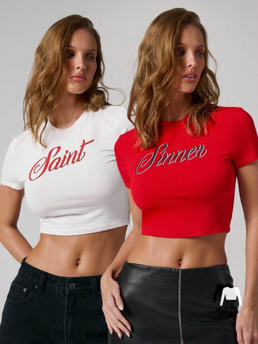 MUSERA 修身印花字母两件装婴儿T恤衫，短款印花背心，酷女孩秋季外出性感服装，深红色派对优雅春夏假日装扮 - 米色 - 查看 1