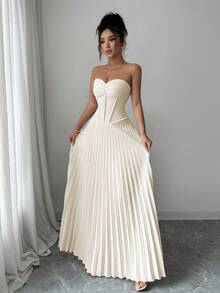 SHEIN Elenzya Elegant Ruched A-Line Waist Dress, Romantic & Refined, Suitable For Back To School, Autumn Outfit, Wedding Guest, Commute, Business Casual - Apricot - View 5