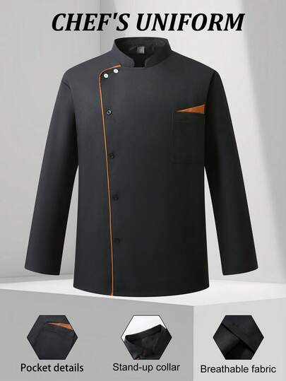 Manfinity Homme Camisa de chef de cuello alto con ribete de contraste, de una sola hilera, negra. Chaqueta de chef para hombres con cuello Mao. Chaqueta de chef de manga larga para hombres. Chaqueta de uniforme de chef para hombres. Chaqueta de chef de manga larga para hombres.