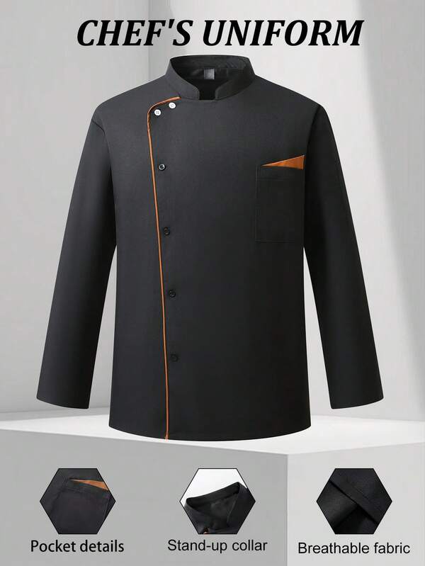 Manfinity Homme Men's Stand Collar Contrast Piping Single-Breasted Black Chef Shirt Chef Jacket Men Mandarin Collar Men Long Sleeve Chef Jacket Chef Uniform Jackets For Men Long Sleeve
