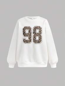 SHEIN Girlism Bộ 2 món áo nỉ cổ tròn in số 98 và quần legging thể thao thường ngày cho bé gái tuổi teen, bộ áo nỉ cổ tròn dài tay thoải mái và quần bó 2 món, phù hợp cho mùa thu/đông - Đen và trắng - Xem 6