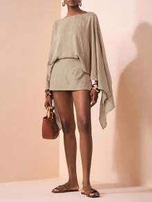 Zivah 2025秋冬新款通勤优雅休闲度假宽松棕色长袖衬衫+短裙两件套，旅行、通勤、聚会、度假、复古风格、购物、宴会、优雅、派对、约会、休闲-A - 卡其色 - 查看 6