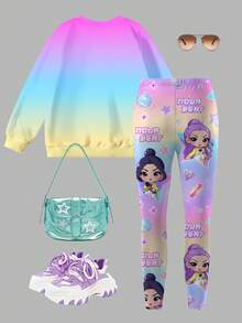 Sparklyn 2pcs/Set KPOP Graphic Print Top, Tween Girl Crew Neck Sweatshirt And Leggings Set, Fashionable Casual, Suitable For Autumn/Winter - Multicolor - View 6