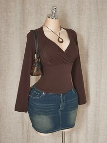 SHEIN ICON 女式加大码秋冬植物系列甜心领褶饰棕色长袖 T 恤 - 棕色 - 查看 11