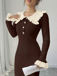 Elenzga Vestido de punto de manga larga con volantes en el bajo y contraste de color para mujer - Café integral - Ver 5