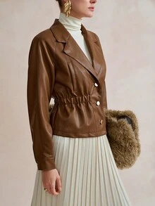 SHEIN LUNE 女式休闲简约松紧腰 A 字口袋常规夹克，秋冬 - 棕色 - 查看 5