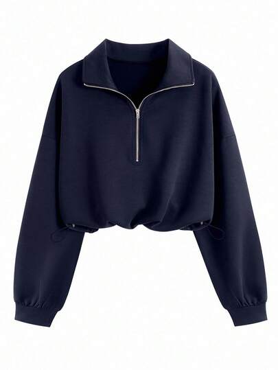 QUELARIE Women's Solid Color Minimalist Daily Wear Long Sleeve American Vintage Half-Zip Niche Sweatshirt