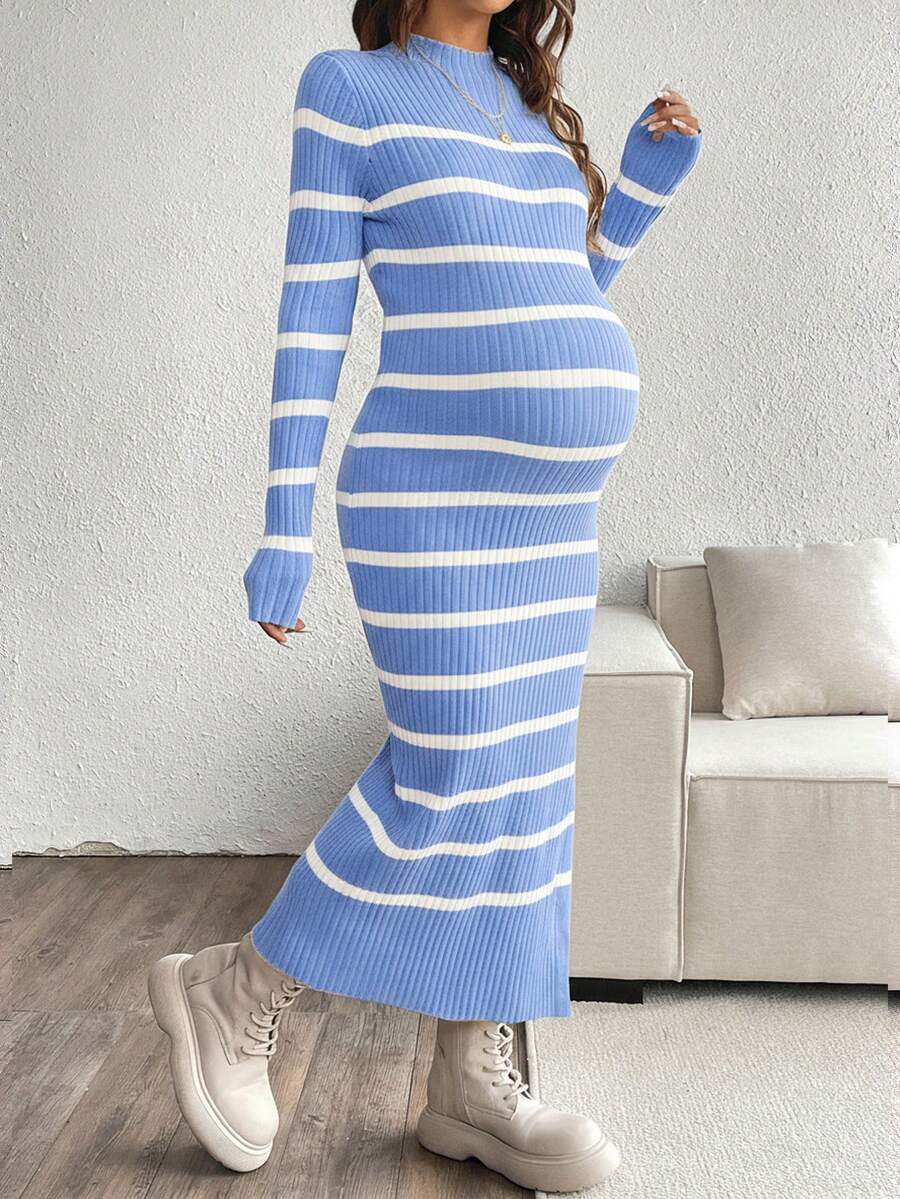 SHEIN 孕妇立领条纹长袖修身休闲针织连衣裙 - 藍色 - 查看 1