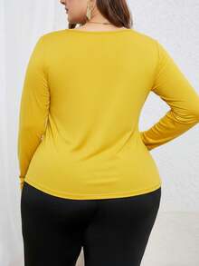 SHEIN Privé Plus Size Women Solid Color Round Neck Long Sleeve Mesh Patchwork T-Shirt/Winter - Yellow - View 2
