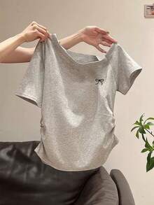 INAWLY 女式夏季新款性感不对称肩部蝴蝶结刺绣荷叶边修身T恤