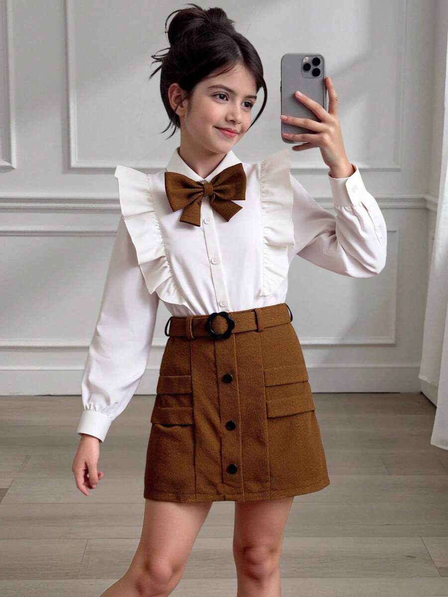 SHEIN Tween Girl Butterfly Decor Patchwork Ruffle Hem Long Sleeve Shirt And Mini Skirt Casual Set - Brown - View 1
