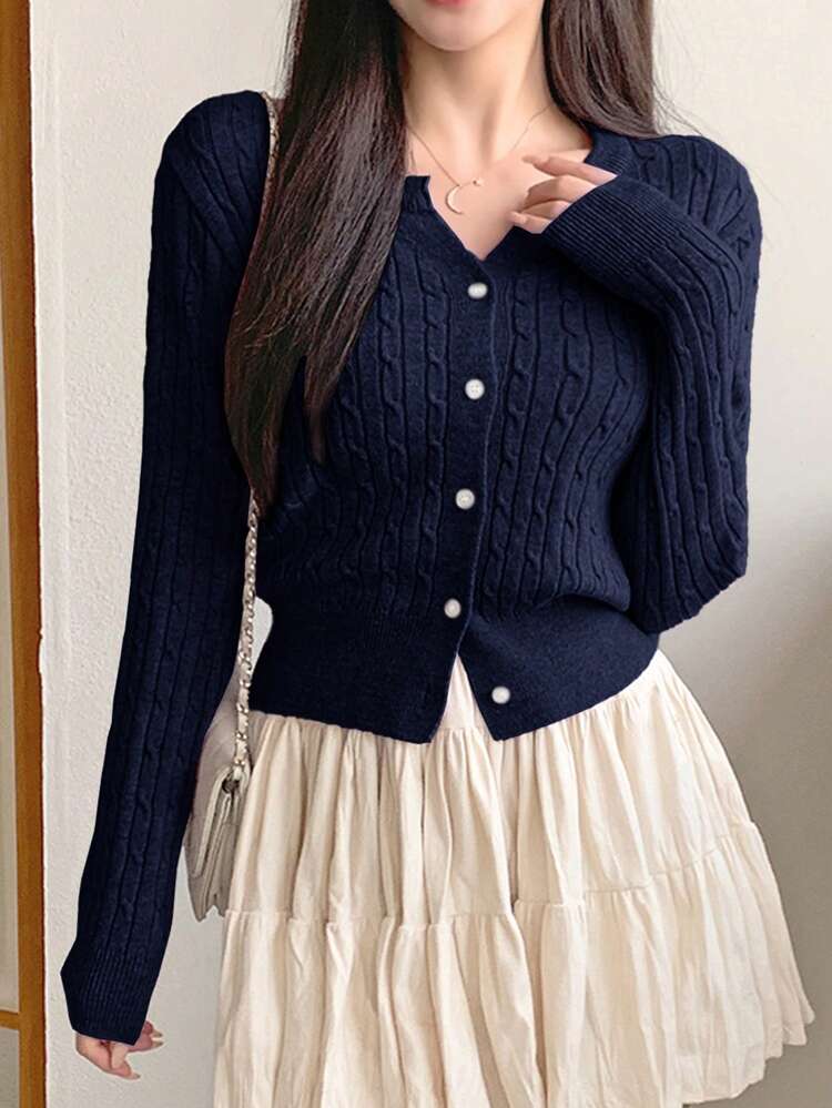 Women's Casual Twist Knit Cardigan With Single-Breasted Button Closure, Long Sleeve, Autumn/Winter