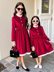 1 件女童舒适优雅荷叶边蕾丝领纽扣前下摆蕾丝花边长袖公主裙，适合秋冬季、节日、圣诞节、新年派对 - 彩色 - 查看 3