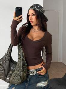 Coolane Áo thun nữ tay dài cổ chữ V, chất liệu len dệt kim co giãn màu đen, nâu và xám, thích hợp mặc khi trở lại trường vào mùa thu/đông, gồm 3 chiếc/ba mảnh - Nhiều màu - Xem 6