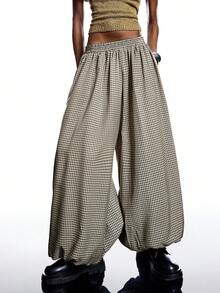 LYSMO 2025新款极简主义秋冬女装棕色格子弹力腰宽松时尚灯笼裤哈伦裤阔腿裤超大码裤格纹裤冬季女装时尚系列新年感恩节圣诞节 - 卡其色 - 查看 4