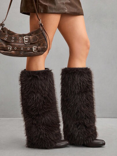 CUCCOO SZL Women's Fashion Faux Fur Pointed Toe Over-The-Knee Boots