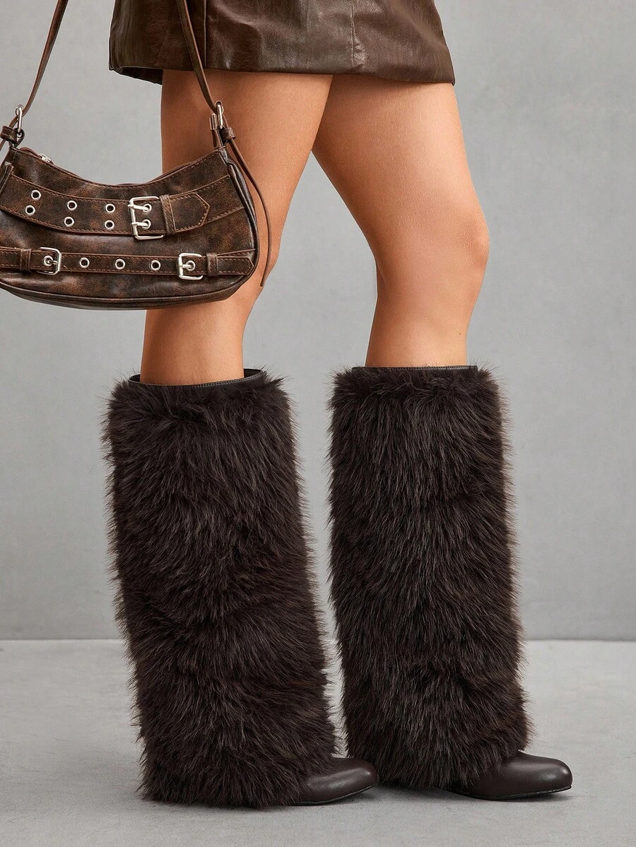 CUCCOO SZL 女士时尚人造毛皮尖头过膝靴 - 咖啡棕 - 查看 1