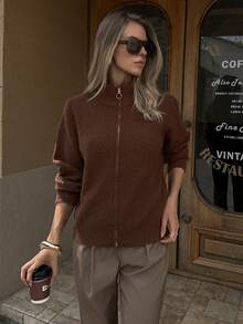 Elyressa Women's Solid Color High Neck Raglan Sleeve Zip-Up Fashionable Knit Cardigan - Brown - View 5